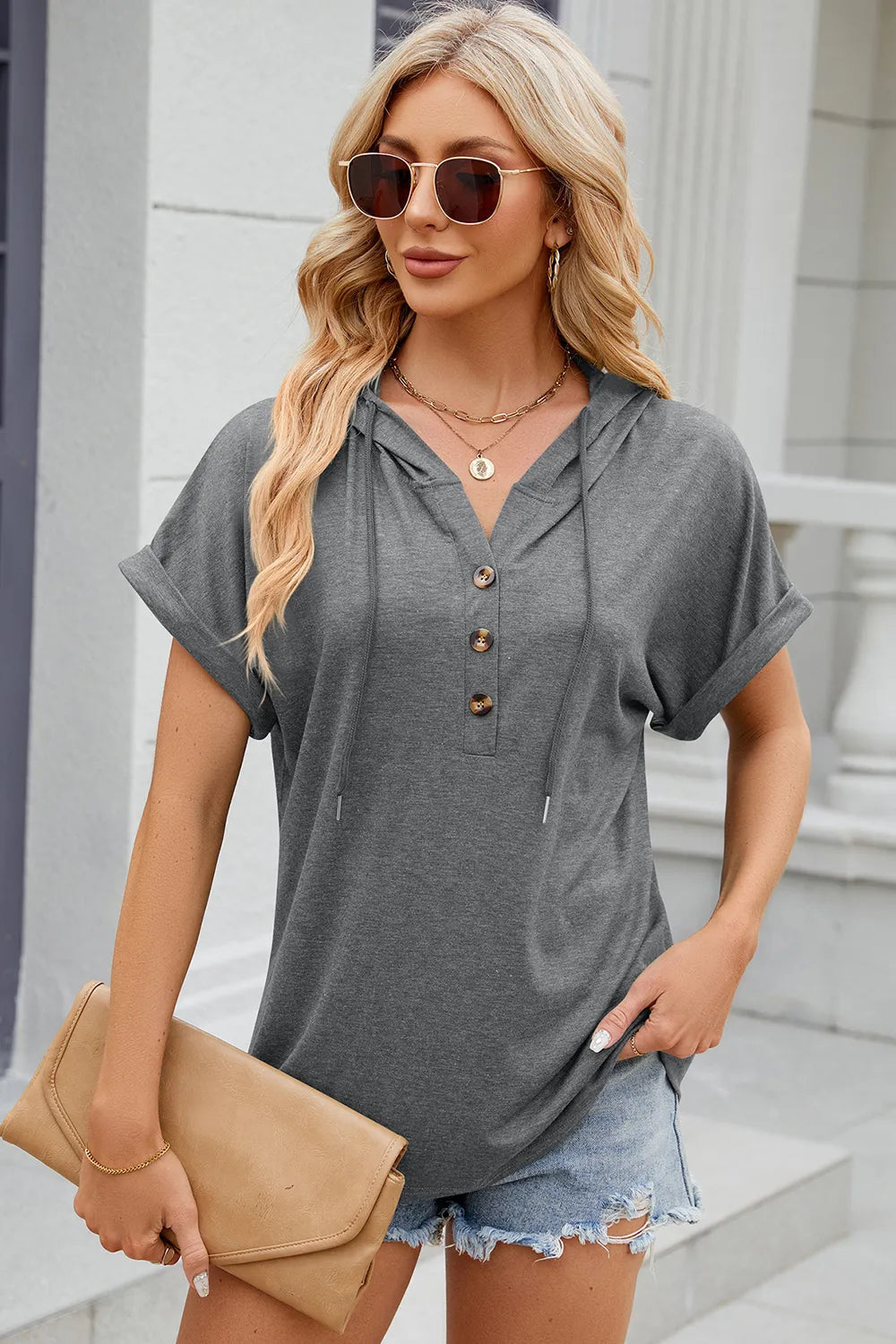 Solid color hooded button loose short sleeved T-shirt top for women