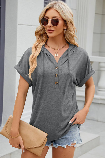Solid color hooded button loose short sleeved T-shirt top for women