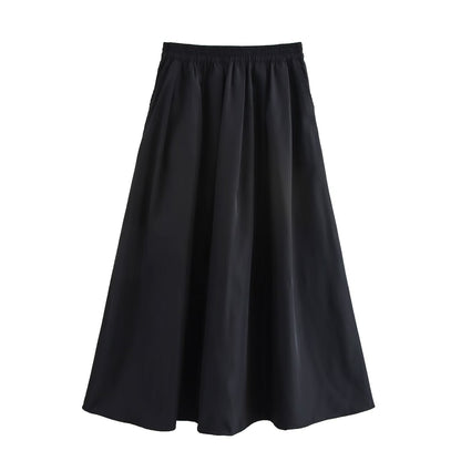 Solid color short shirt wide swing MIDI skirt