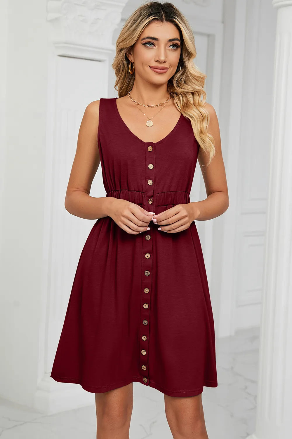 Solid color sleeveless button pocket round neck split waist dress