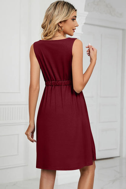 Solid color sleeveless button pocket round neck split waist dress