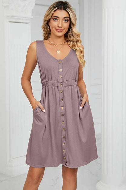 Solid color sleeveless button pocket round neck split waist dress