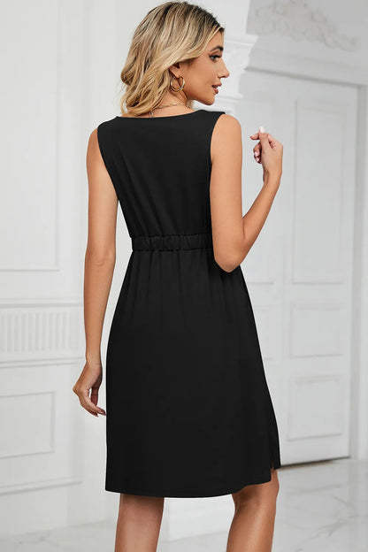 Solid color sleeveless button pocket round neck split waist dress