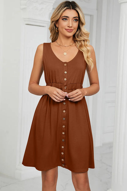 Solid color sleeveless button pocket round neck split waist dress