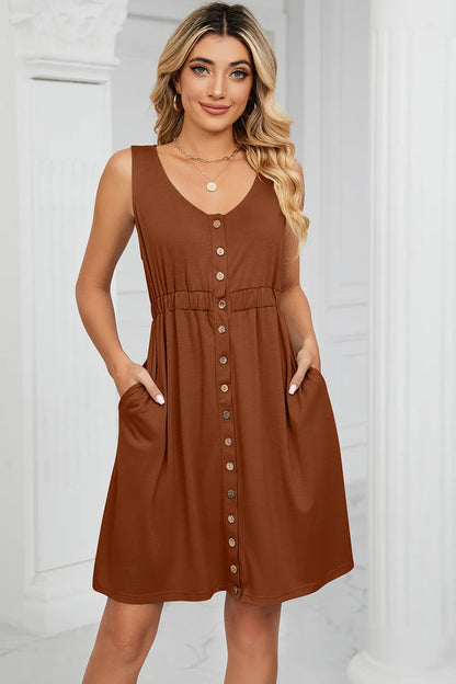 Solid color sleeveless button pocket round neck split waist dress