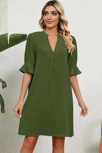 Solid color V-neck loose pleated five quarter sleeve dress for women