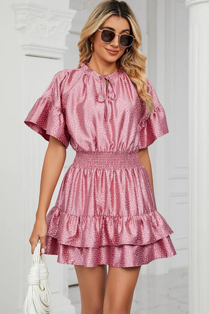 Solid color waist cinching loose V-neck lotus leaf dress for women