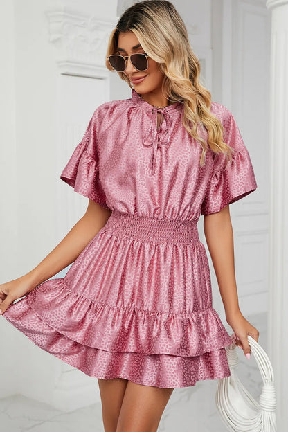 Solid color waist cinching loose V-neck lotus leaf dress for women