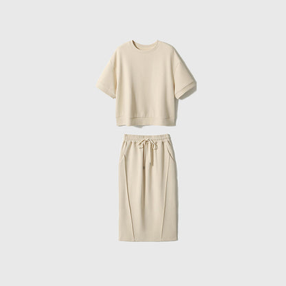 Sports and leisure lazy suit women's soft air cotton short sleeved top+split half skirt two-piece set