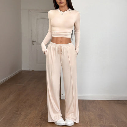 Sports style high elasticity long sleeved wide leg pants set