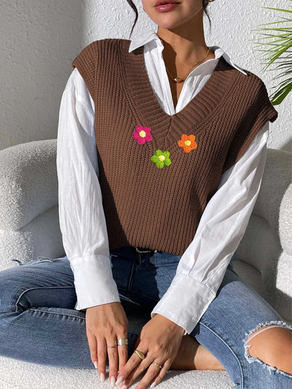 Spring and Autumn V-neck Simple Vest Hand Hook Flower Splicing Machine Woven Sweater Clip