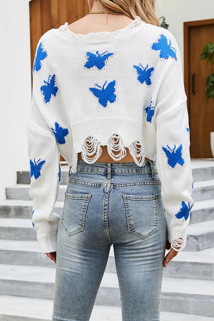 Spring V-neck ripped hole sexy exposed navel knitted sweater for women