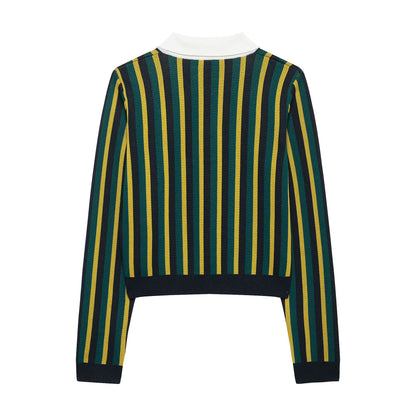 Striped lapel long sleeved casual knit sweater
