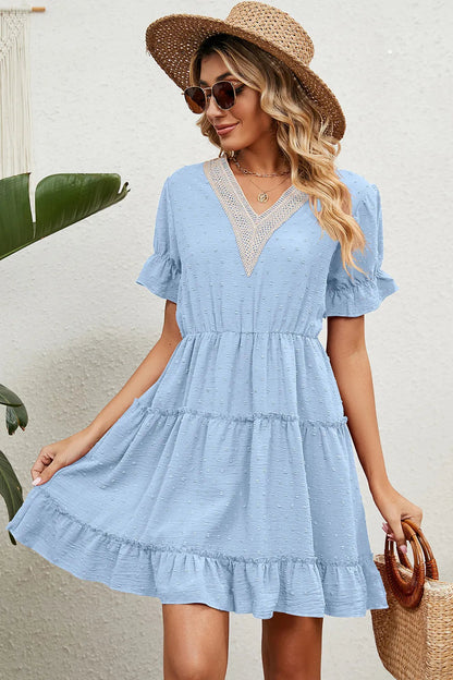 Summer Jacquard Hairball V-neck Loose Solid Color Elastic Waist Dress for Women