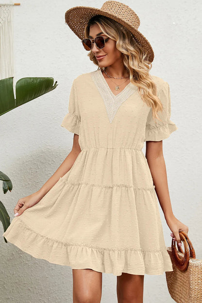 Summer Jacquard Hairball V-neck Loose Solid Color Elastic Waist Dress for Women