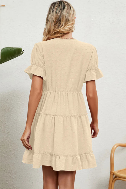 Summer Jacquard Hairball V-neck Loose Solid Color Elastic Waist Dress for Women