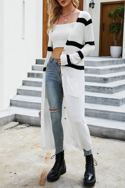 V-neck black and white striped knitted cardigan for women