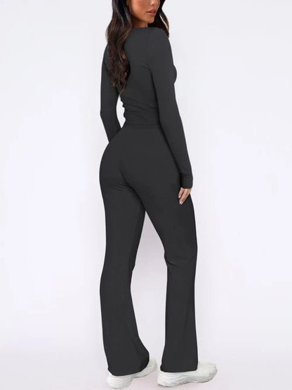 V-Neck Long Sleeve Top and Pants Set