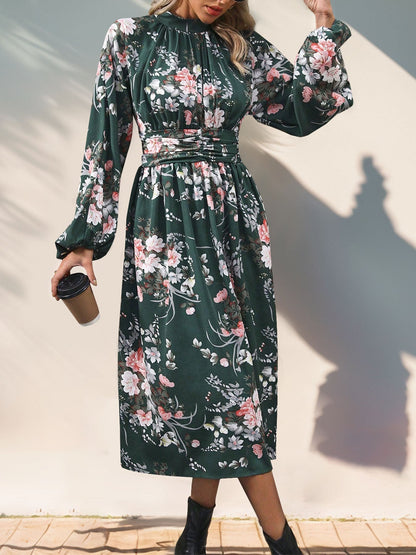 Vintage printed elegant high waisted dress with long sleeves and stand up collar women's long skirt