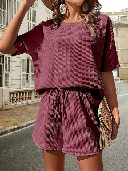 Waffle-Knit Half Sleeve Top and Shorts Set