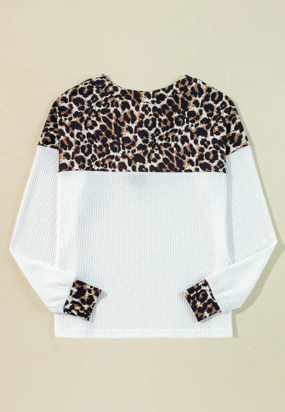 Waffle-Knit Leopard V-Neck Long Sleeve Blouse