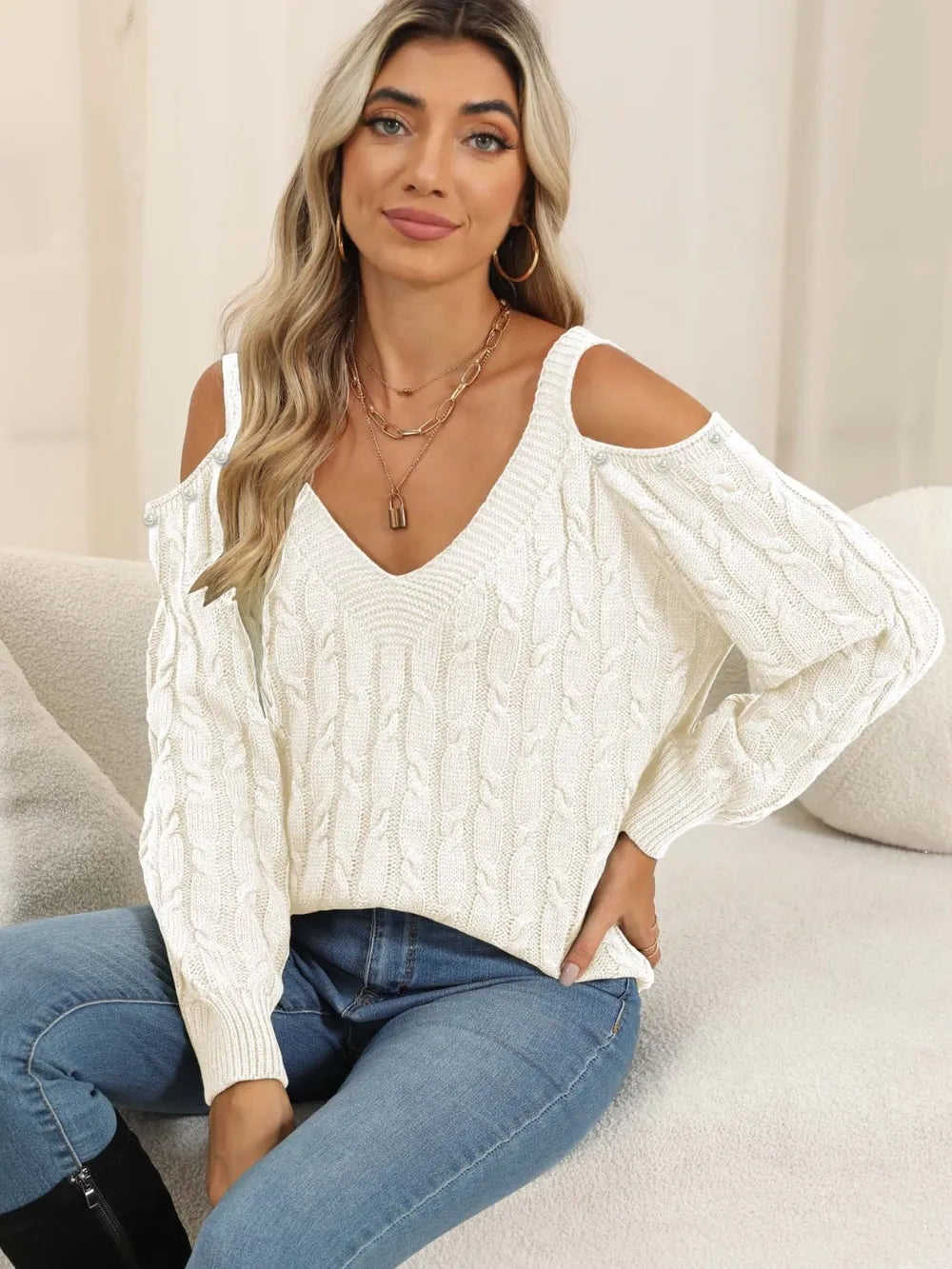 Women's autumn and winter deep V sexy off shoulder loose pullover sweater top for women