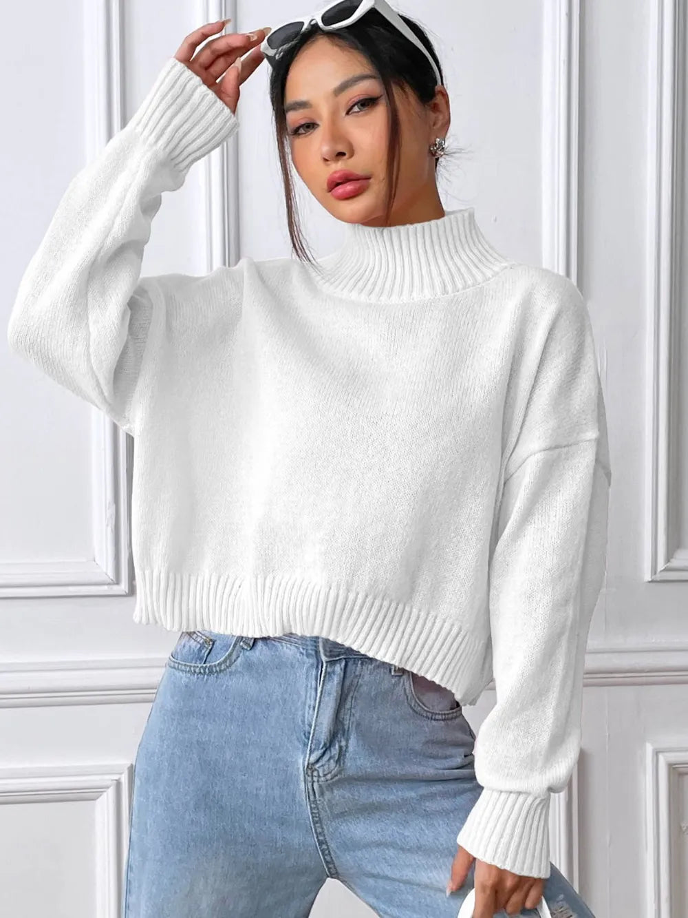 Women's autumn and winter high neck pullover sweater solid color loose casual base sweater