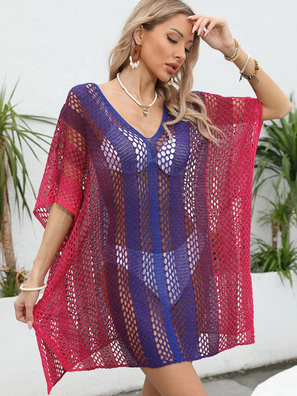 Women's gradient color hollow woven sweater loose casual bikini dress