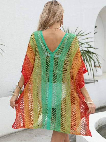 Women's gradient color hollow woven sweater loose casual bikini dress
