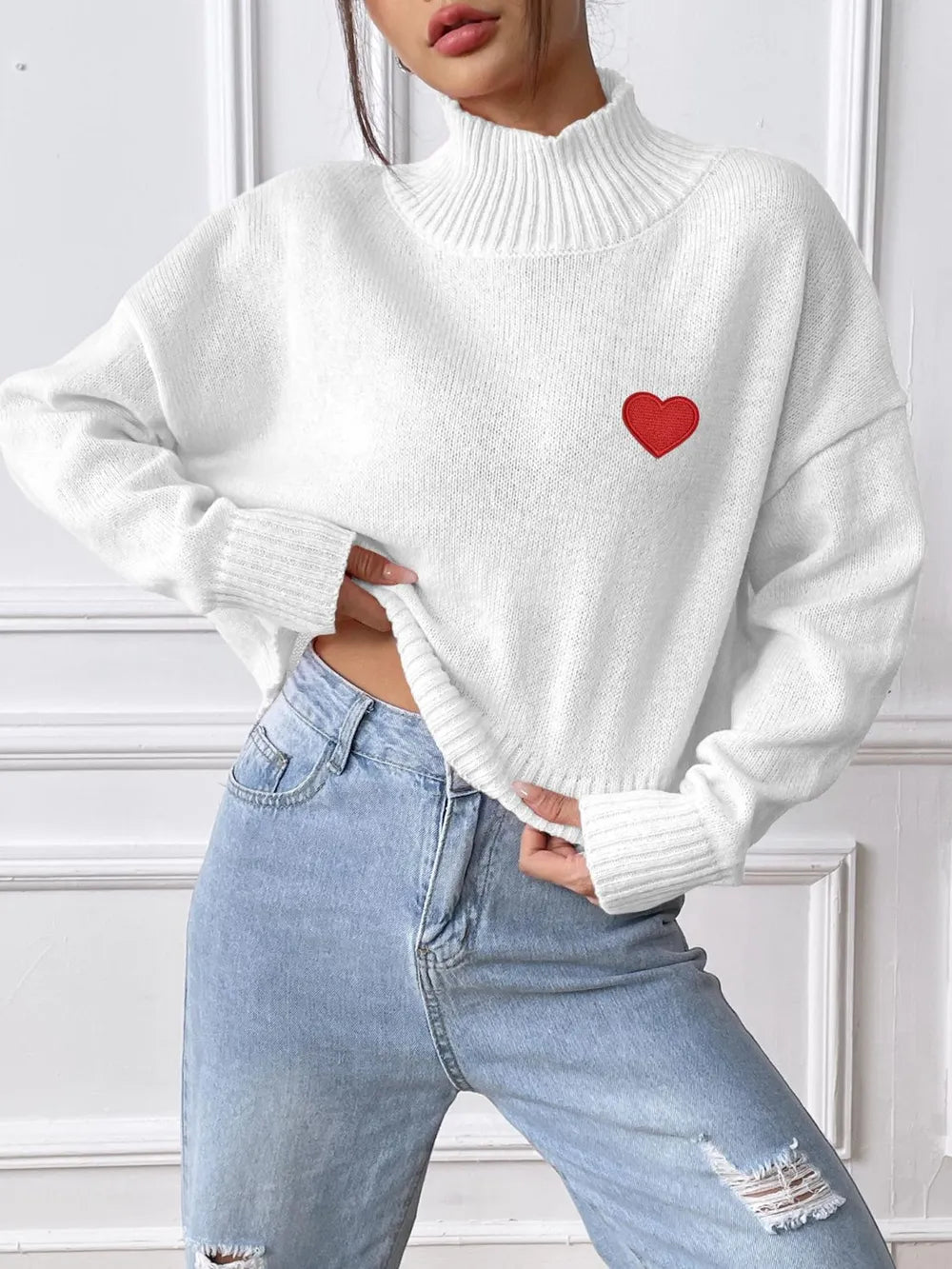 Women's high neck pullover sweater loose heart sticker casual base sweater