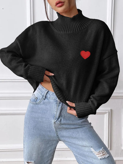 Women's high neck pullover sweater loose heart sticker casual base sweater