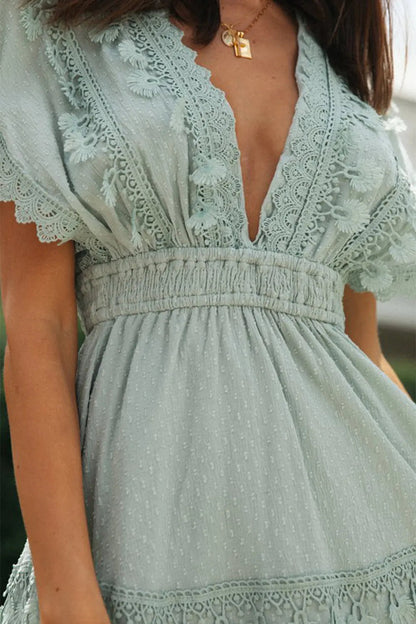 Women's lace patchwork lace up backless big swing batball sleeve dress
