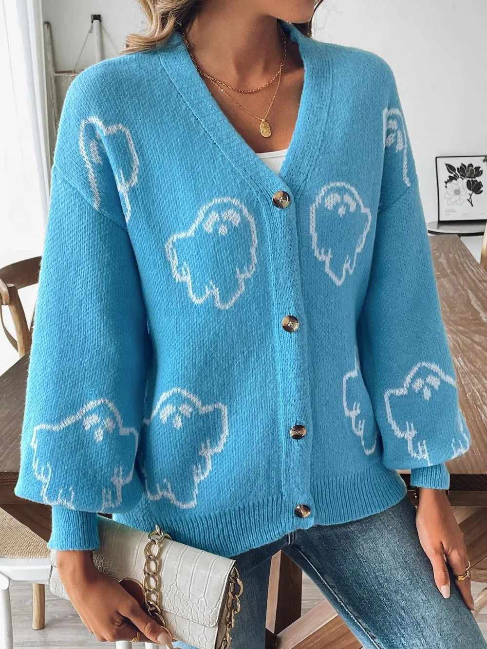 Women's loose casual button sweater cartoon jacquard cardigan for women