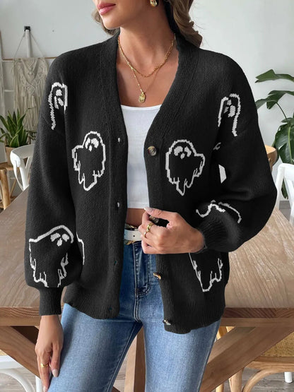 Women's loose casual button sweater cartoon jacquard cardigan for women