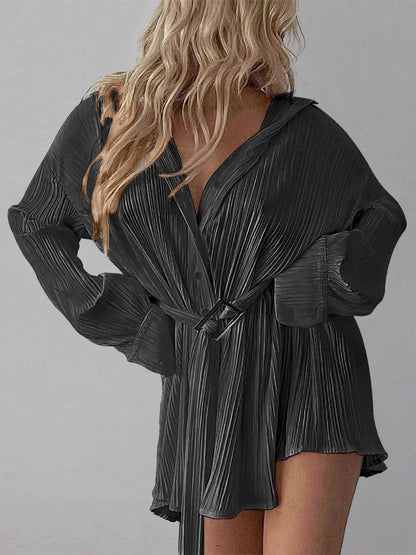 Women's new shirt collar fashionable women's elastic waist pleated long sleeved lace up dress