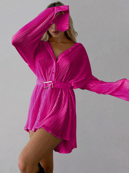 Women's new shirt collar fashionable women's elastic waist pleated long sleeved lace up dress