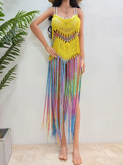 Women's pure hand crochet dyed tassel skirt with random gradient camisole skirt