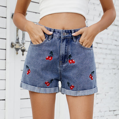 Women's versatile cherry embroidered denim shorts and hot pants